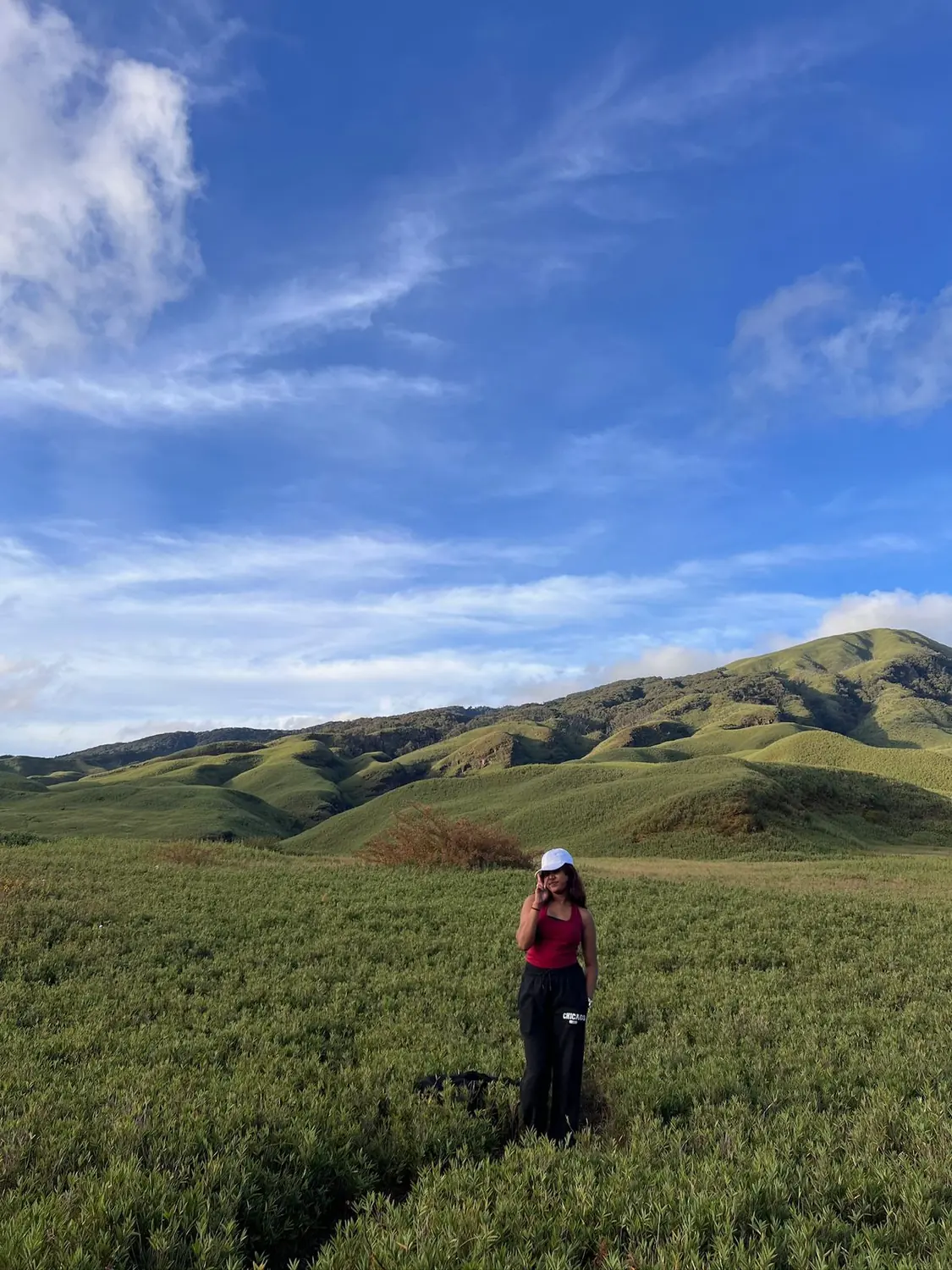 Traveller standing in the rolling green hills of Dzukou Valley